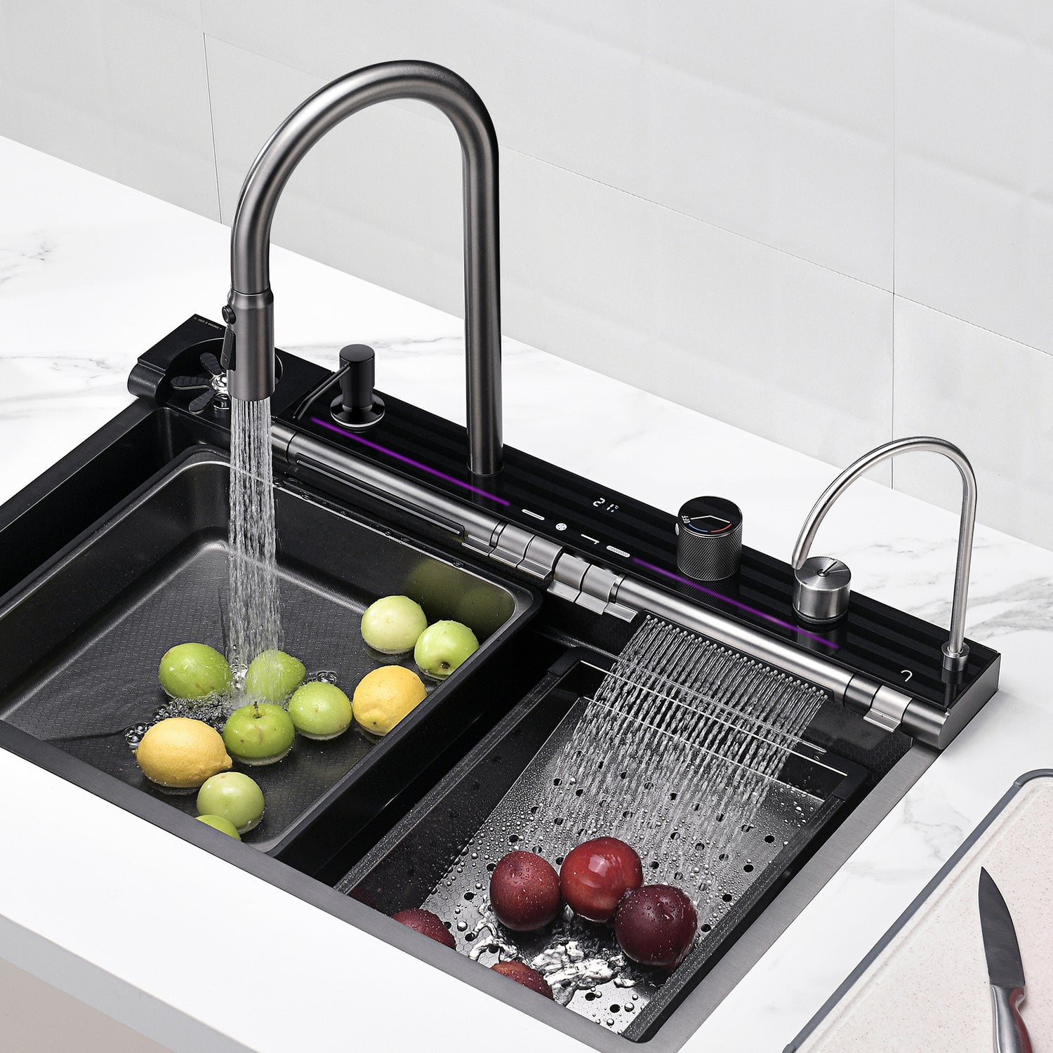 GULLFOSS | Workstation Kitchen Sink Kit with Digital Temperature Display & Lighting Adjustable Waterfall Faucet - SKS2306