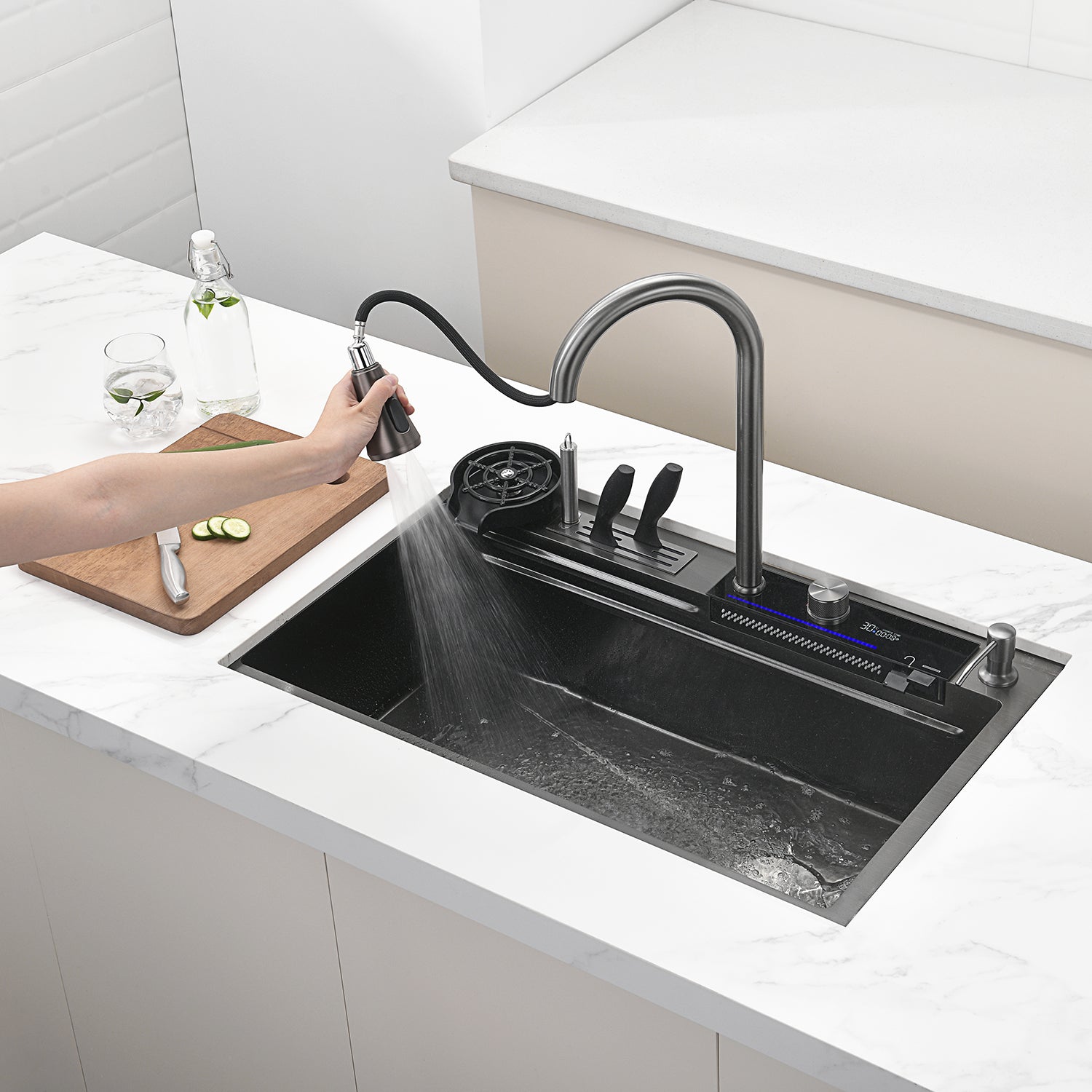 AllIN1 Worksation Kitchen Sink Kit with Waterfall Faucet Sinkple