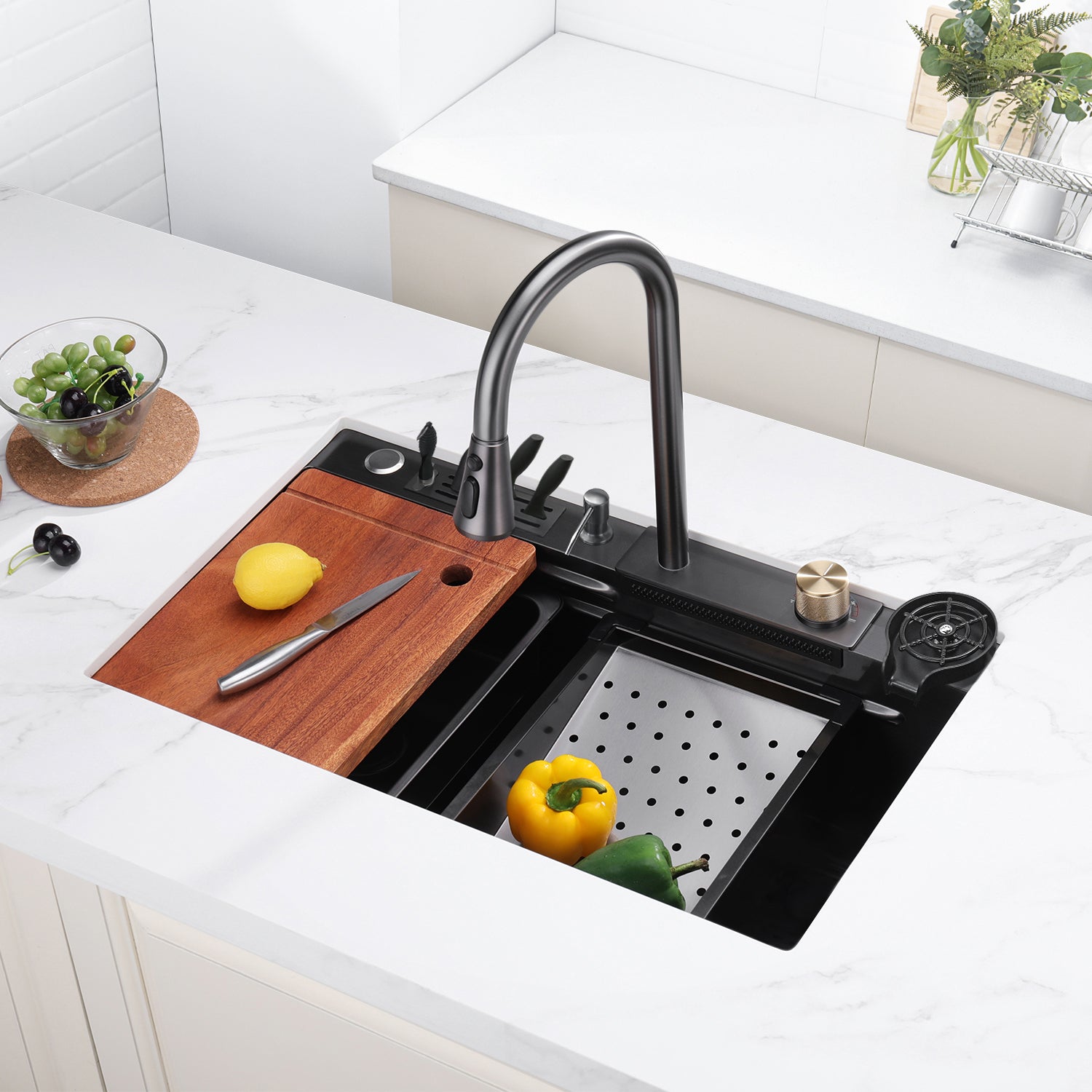 HUKA | Workstation Kitchen Sink Kit with Waterfall Faucet & Knife Holder - SKS2302