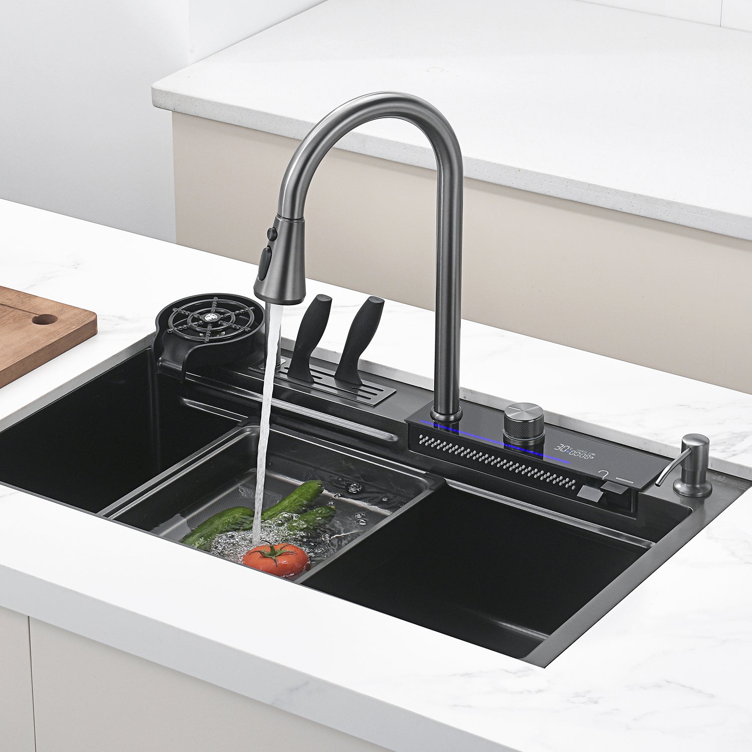 RHINE | Workstation Kitchen Sink Kit with Waterfall Faucet & Digital Temperature Display - SKS2304