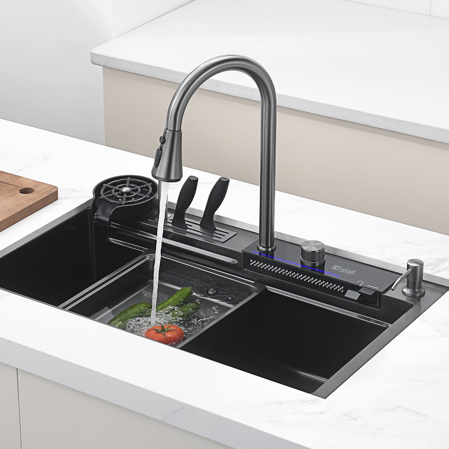 AllIN1 Worksation Kitchen Sink Kit with Waterfall Faucet Sinkple